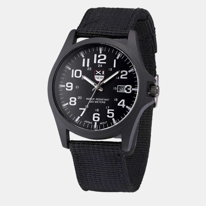 Action shot of a man wearing a rugged tactical watch during an outdoor activity.