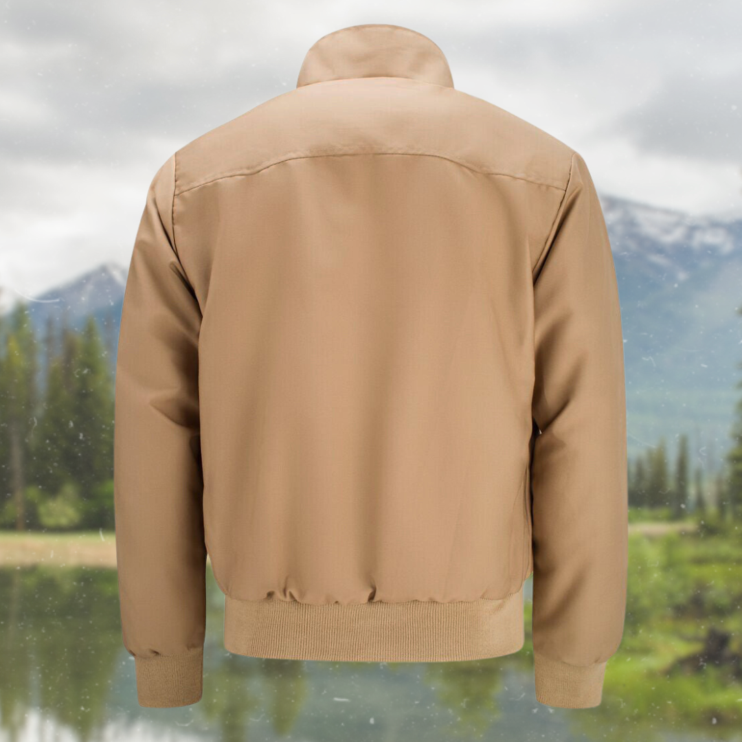Close-up on the embroidered logo of the men's Ryder Harrington jacket