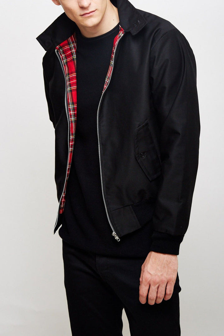 Detail of the signature Fraser tartan lining in a men's Harrington jacket