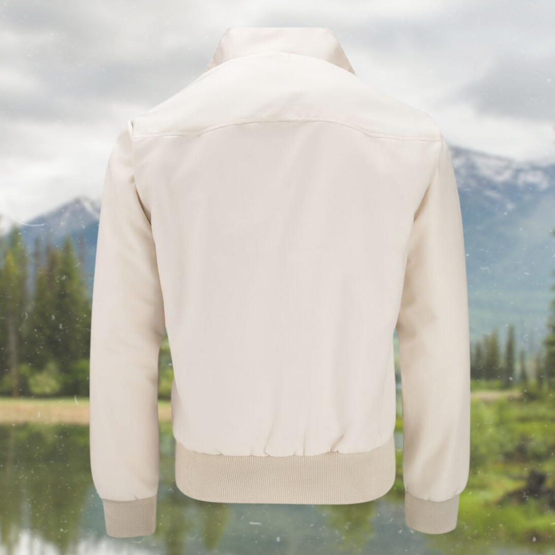 Water-resistant fabric detail on a men's Harrington jacket, wardrobe essential