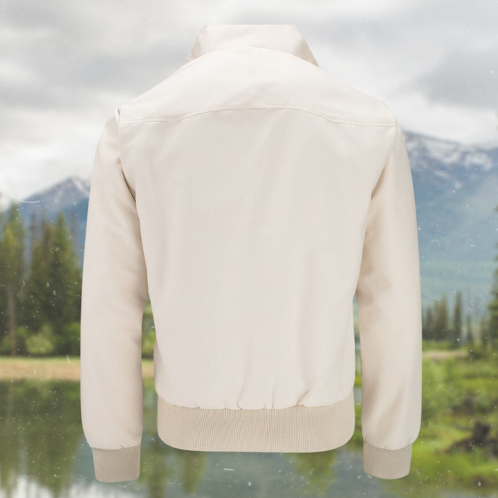 Water-resistant fabric detail on a men's Harrington jacket, wardrobe essential