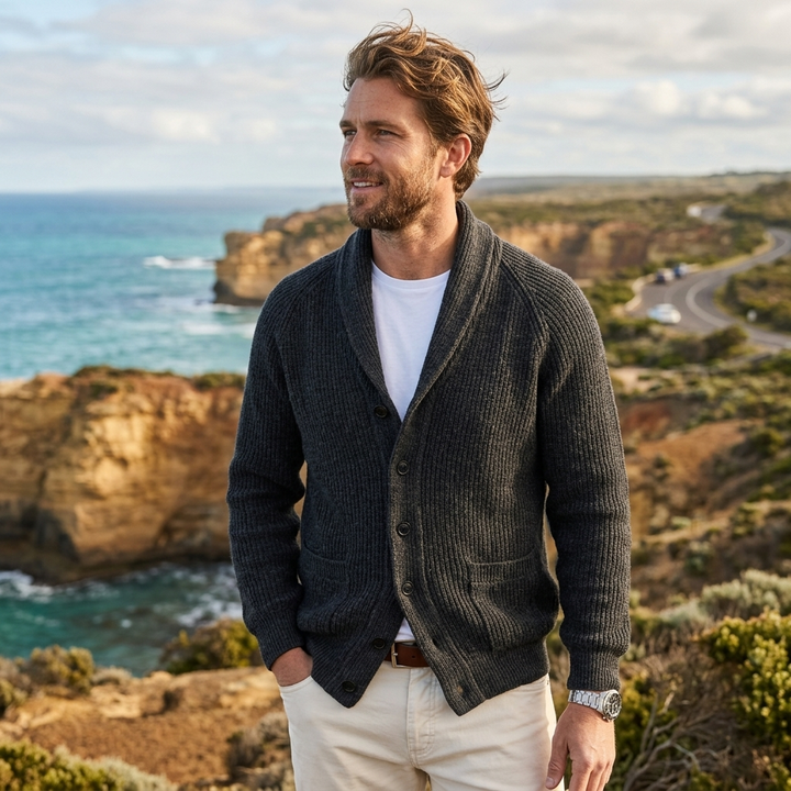 Men's shawl collar button front cardigan sweater in grey knitwear