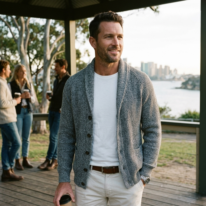 Men's heritage knit: comfortable button front shawl collar sweater