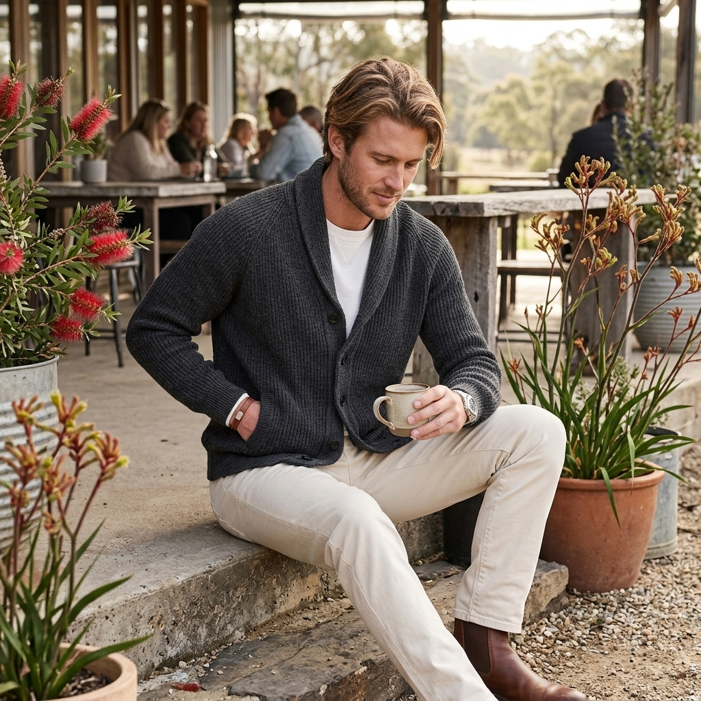 Close-up of the textured knit on a men's button front cardigan