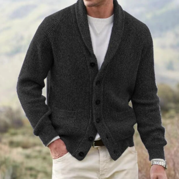 Model wearing a cozy men's long sleeve shawl collar cardigan for fall