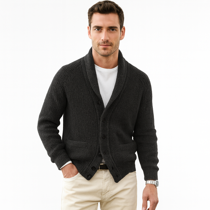 Stylish men's casual wear: shawl collar button front cardigan in navy