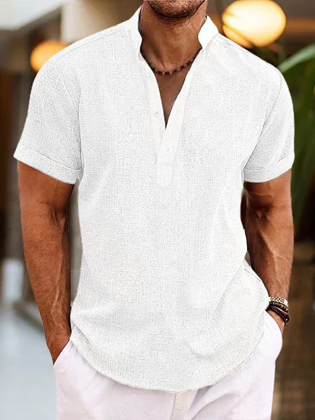 Breathable men's short sleeve Henley with a relaxed fit, ideal for summer fashion.