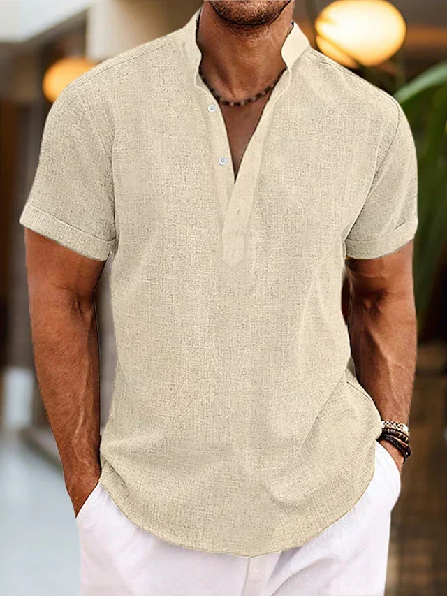 Versatile men's Henley shirt, short sleeve & breathable for casual summer style.