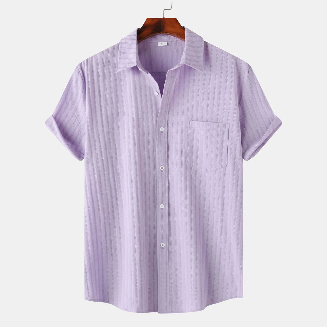 Men's short sleeve button-down shirt in vibrant purple