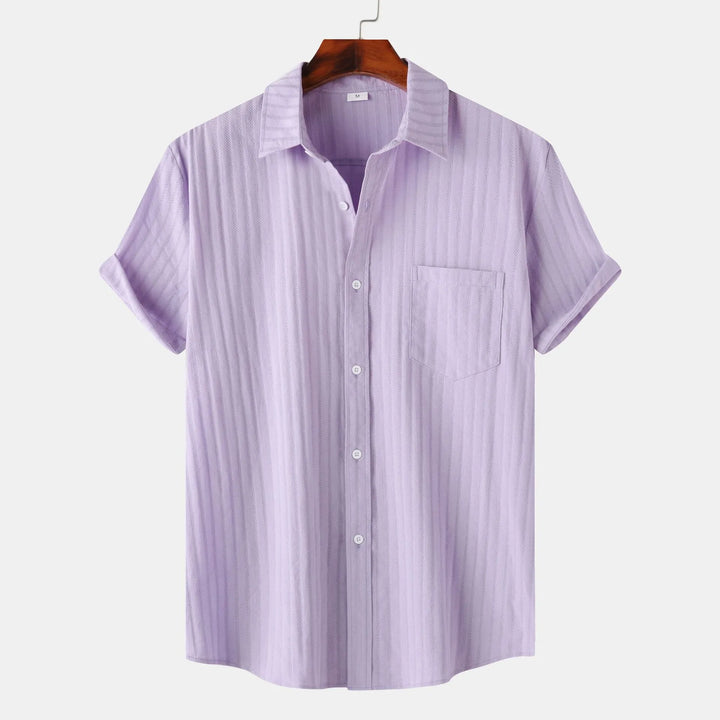Men's short sleeve button-down shirt in vibrant purple