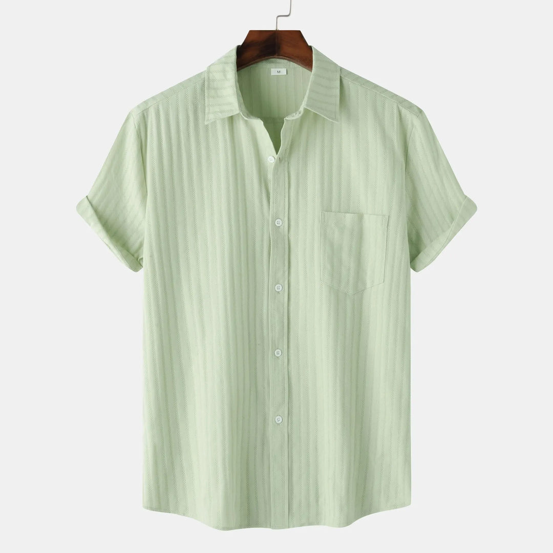 Purple short sleeve button-down shirt, perfect for warm weather