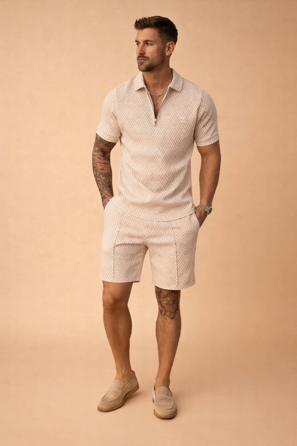 Everyday men's fashion: a summer polo shirt and shorts set for smart casual looks.