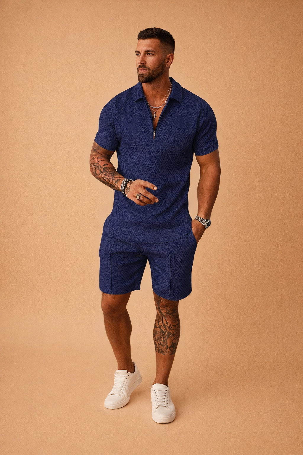 Comfortable men's two-piece set featuring a breathable polo shirt and athletic shorts.