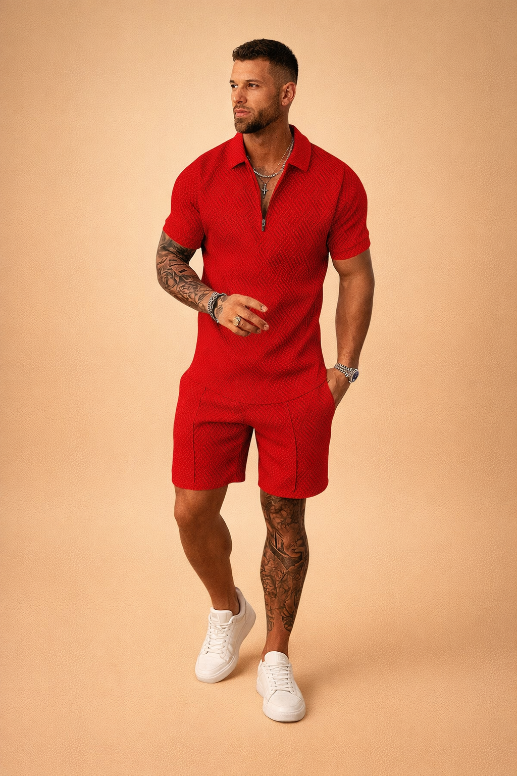 Men's summer ensemble: short-sleeved polo top paired with coordinating casual shorts.