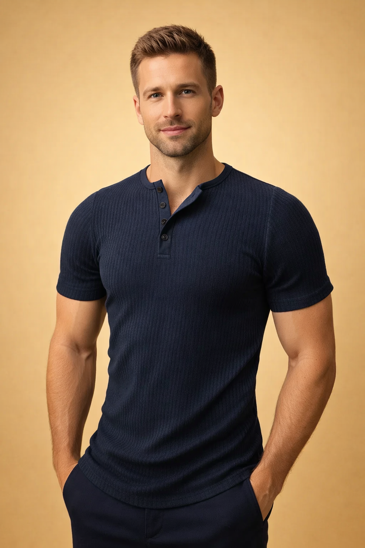 Comfortable men's short sleeve ribbed Henley. Essential modern fit shirt for casual summer and everyday wear.