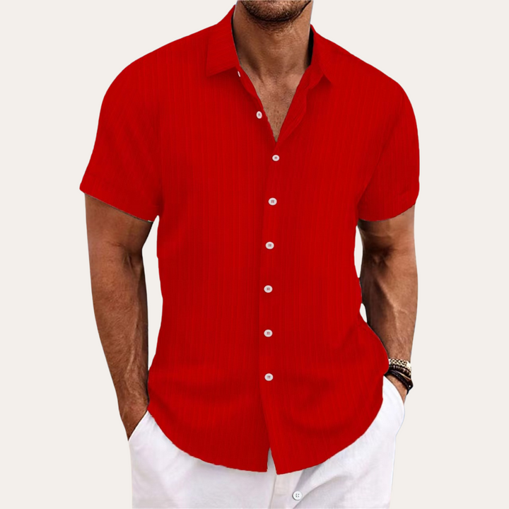 Modern men's short sleeve striped button-down shirt, a stylish addition to your casual summer wardrobe.