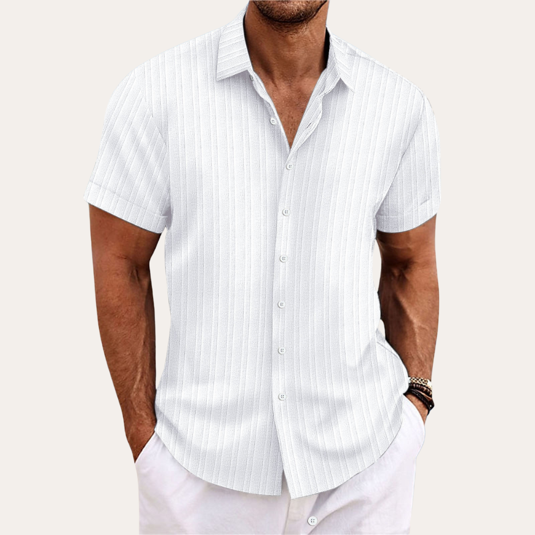 Crisp men's short sleeve button-down shirt with a casual stripe pattern, great for warm weather style.