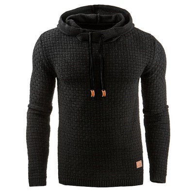 Men's slim fit knit hoodie with long sleeves and pullover design.