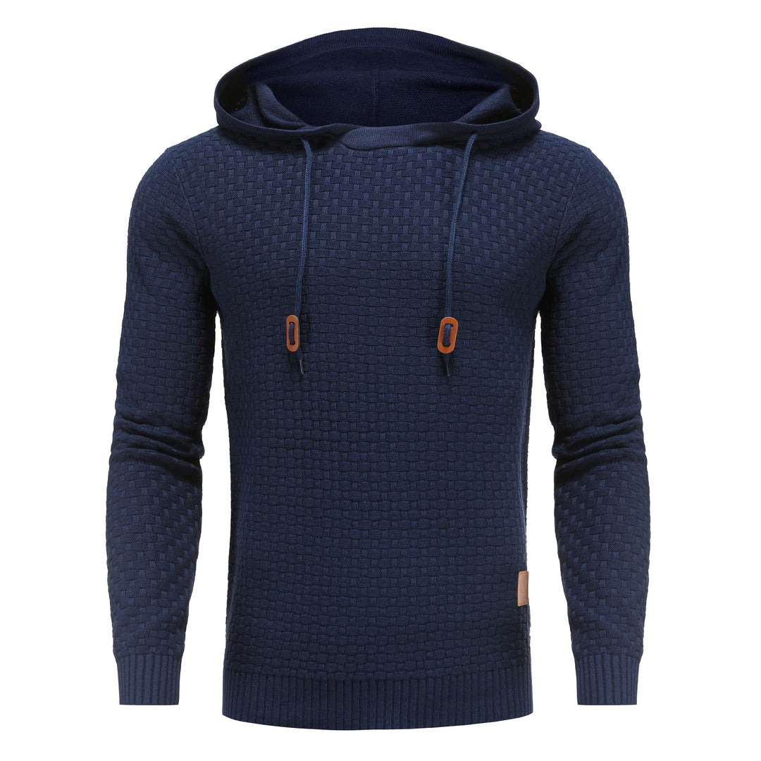 Front view of a men's slim fit long sleeve knit hoodie, gray color.
