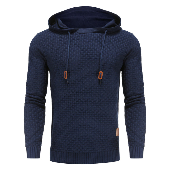 Front view of a men's slim fit long sleeve knit hoodie, gray color.