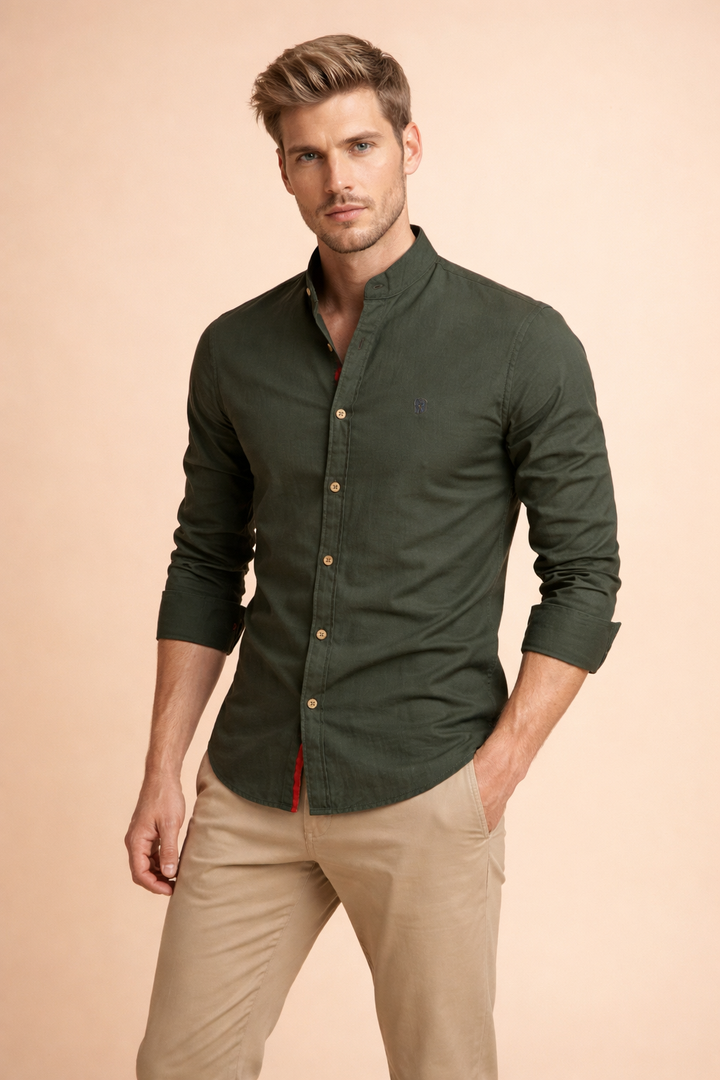Men's slim fit mandarin collar button-down shirt. Stylish long sleeve casual top for modern men's fashion.