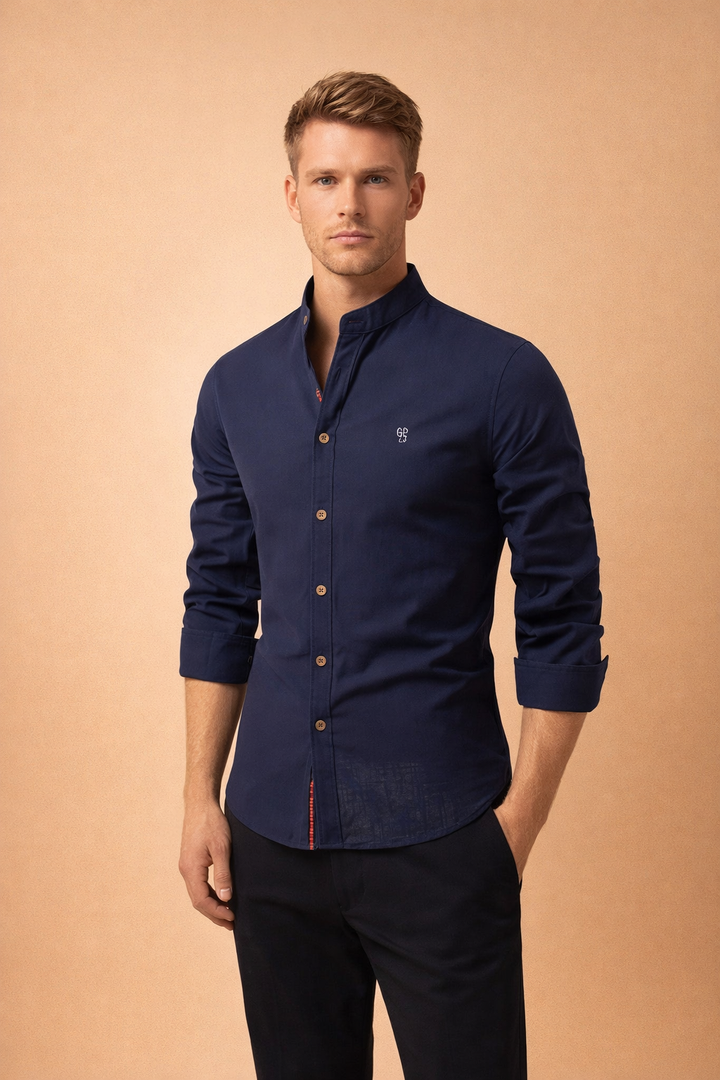 Stylish men's slim fit long sleeve shirt with mandarin collar. Perfect casual button-down for modern fashion.
