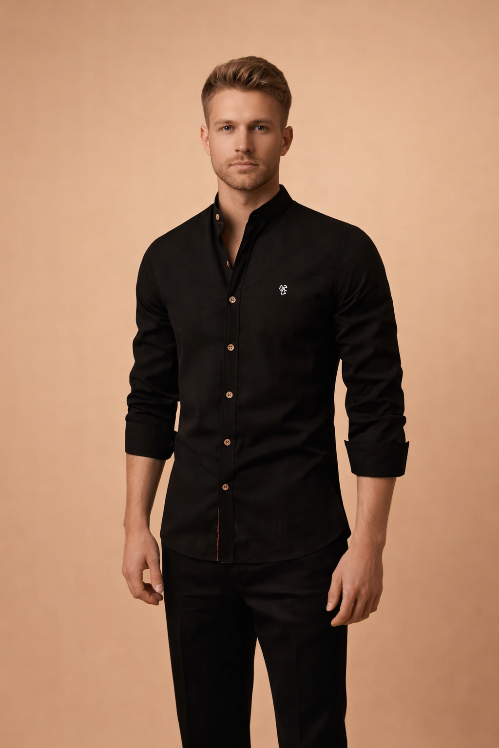 Texture detail of a men's slim fit casual shirt. Mandarin collar, long sleeve button-down for modern versatile style.