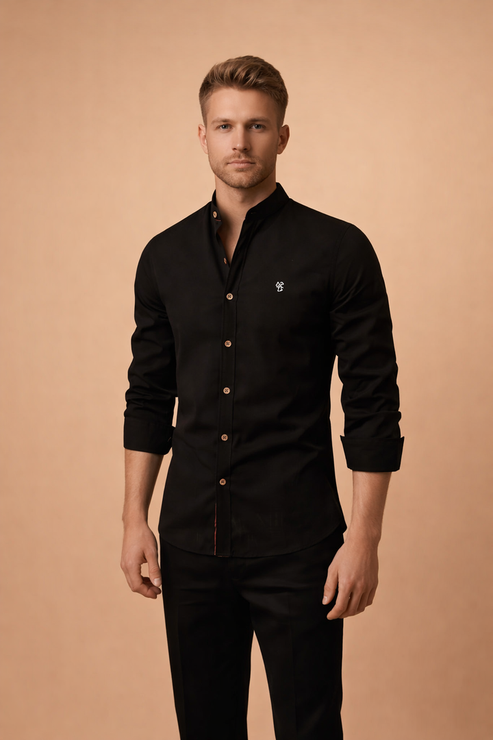 Texture detail of a men's slim fit casual shirt. Mandarin collar, long sleeve button-down for modern versatile style.