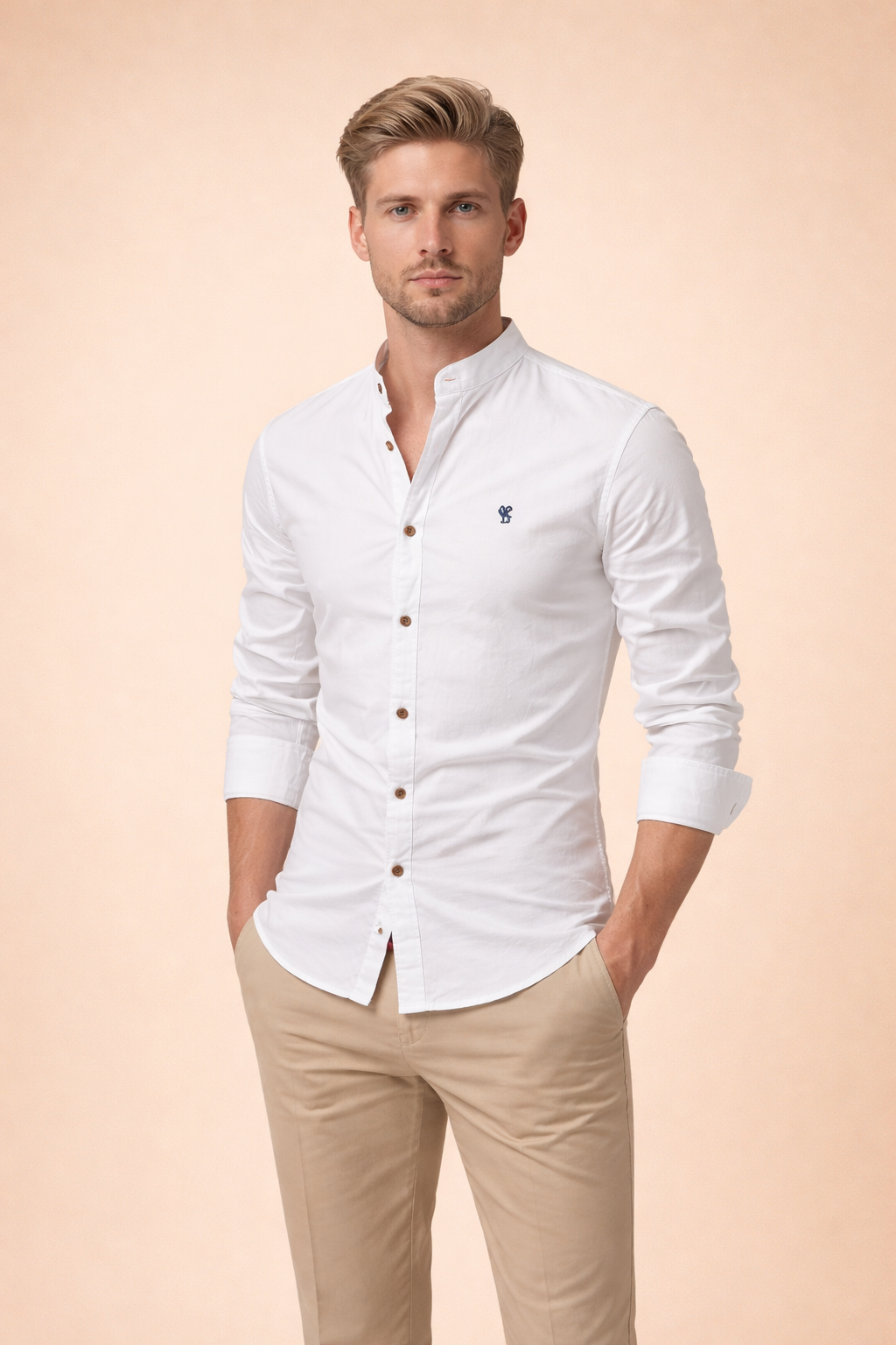 Side view of a men's slim fit mandarin collar shirt. Long sleeve button-down top for stylish casual men's fashion.