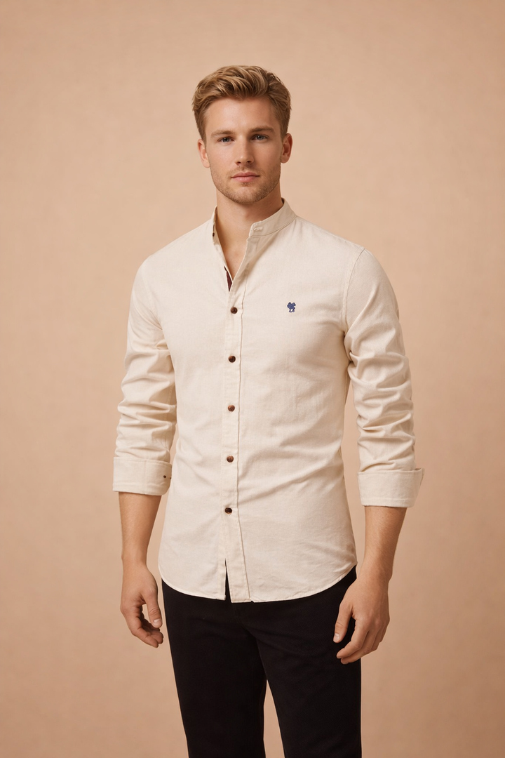 Versatile men's mandarin collar shirt. Slim fit, long sleeve button-down for a stylish & modern casual look.