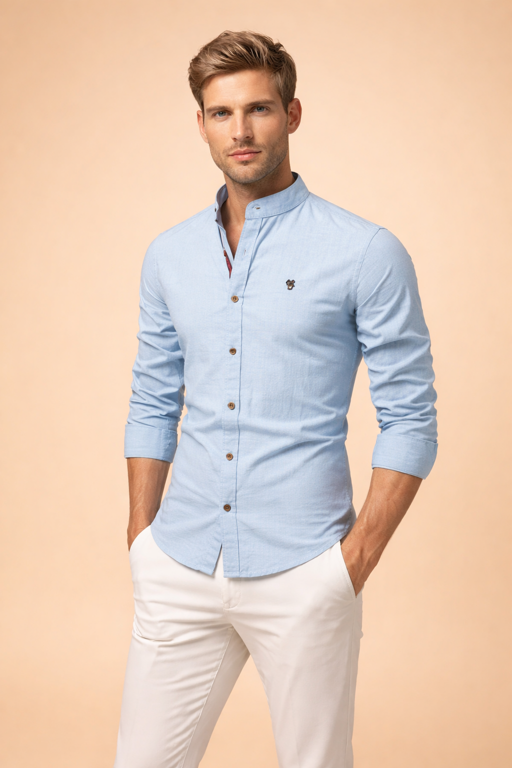 Casual men's long sleeve button-down shirt. Slim fit with a mandarin collar, ideal for modern stylish fashion.