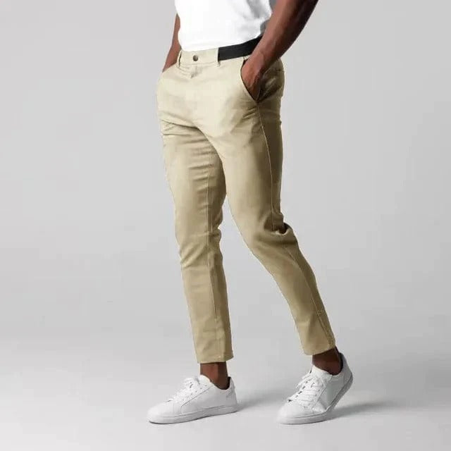 Close-up of the breathable fabric on men's versatile slim fit casual trousers.