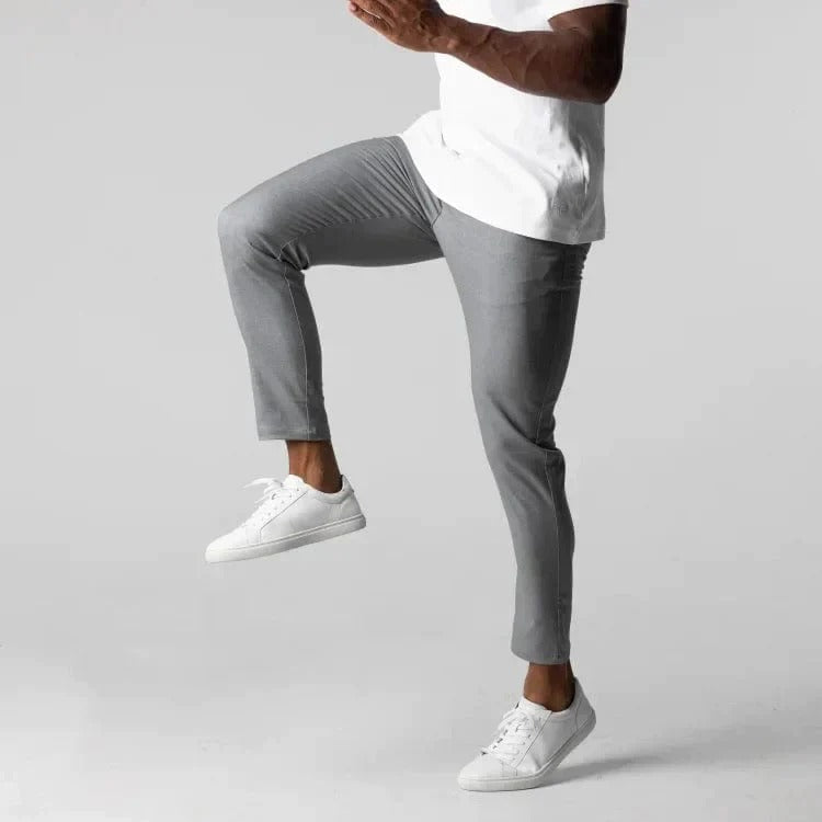 Detail shot of men's fashionable stretch chinos, highlighting quality construction.