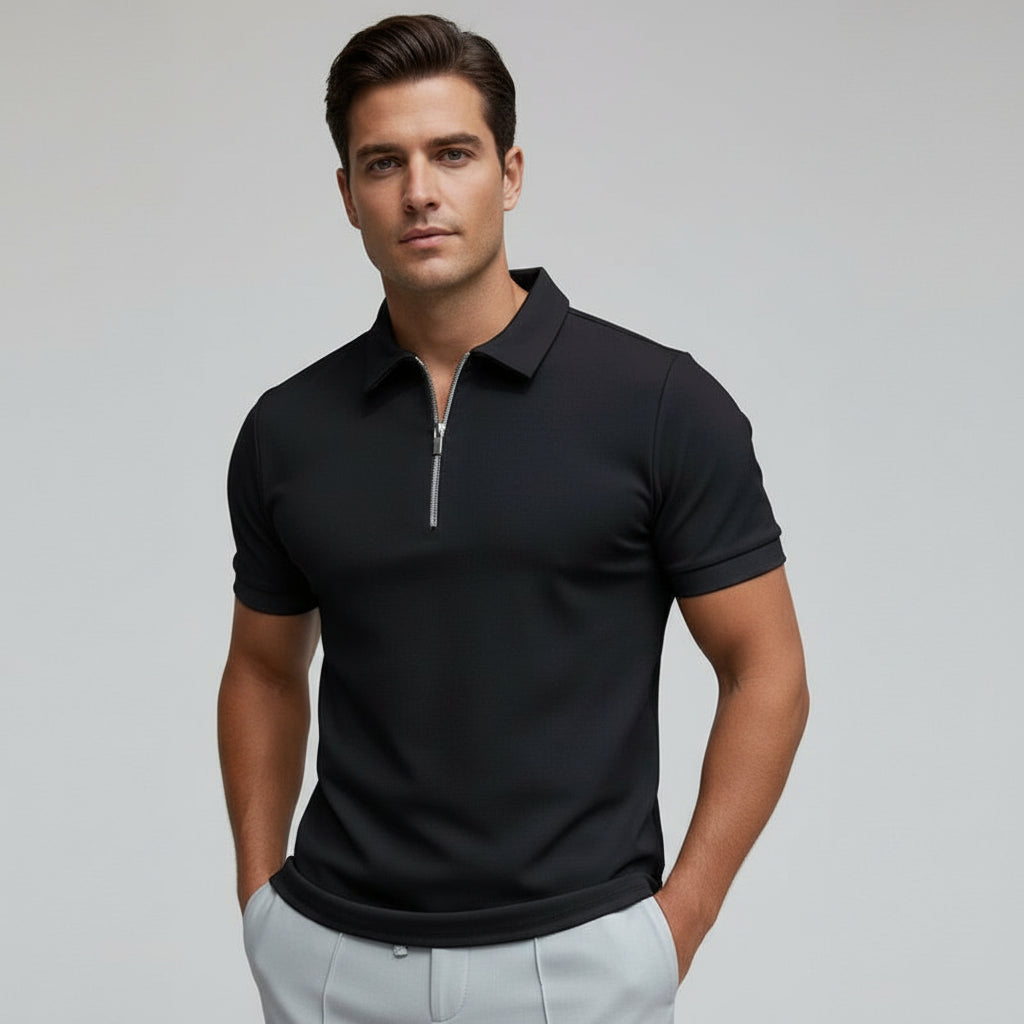 Men's slim fit zip collar polo shirt, short sleeve, modern design for a smart casual look.