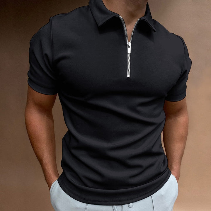 Comfortable men's slim fit polo with a modern zip collar. Ideal for smart casual or everyday wear.