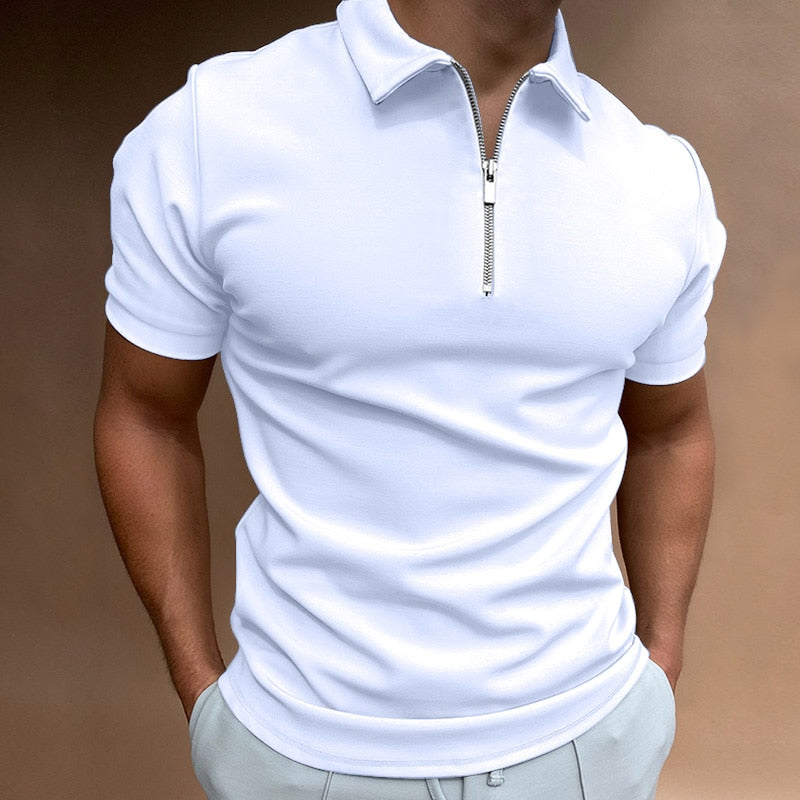 Fitted men's short sleeve polo shirt featuring a stylish zip collar. Versatile for modern men's fashion.