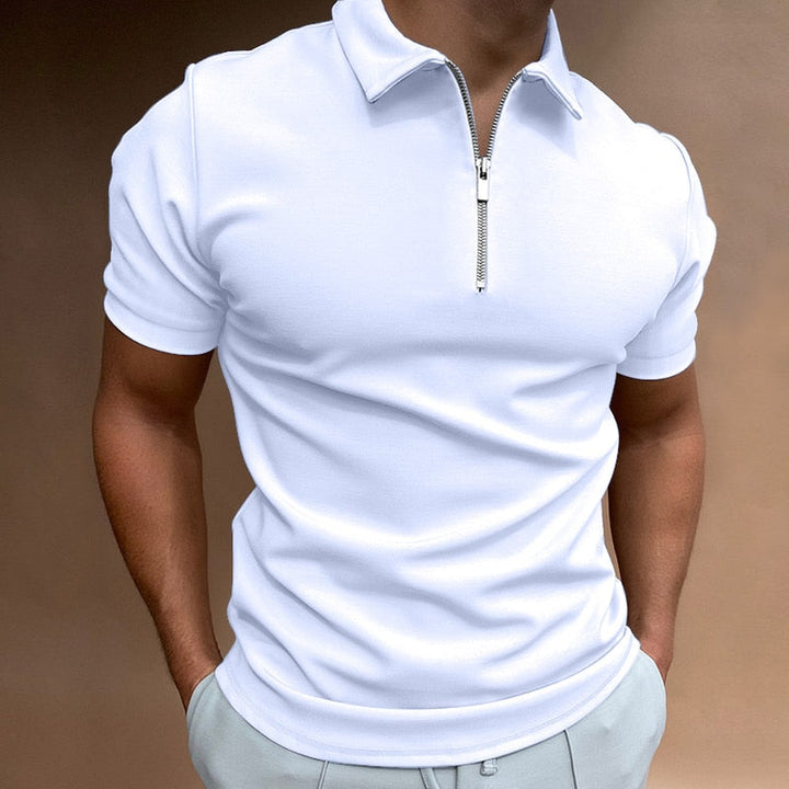 Fitted men's short sleeve polo shirt featuring a stylish zip collar. Versatile for modern men's fashion.