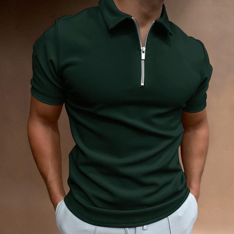 Men's apparel: a short sleeve slim fit polo shirt with a trendy zip collar for a sleek, modern look.