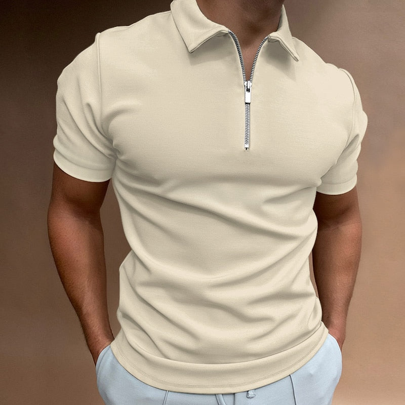 Smart casual men's slim fit polo shirt with zip collar, perfect for versatile, modern men's fashion.