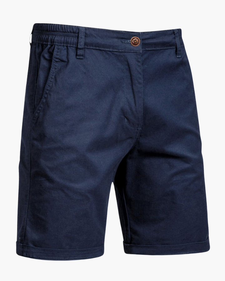 A pair of folded men's chino shorts showcasing their smart casual style.