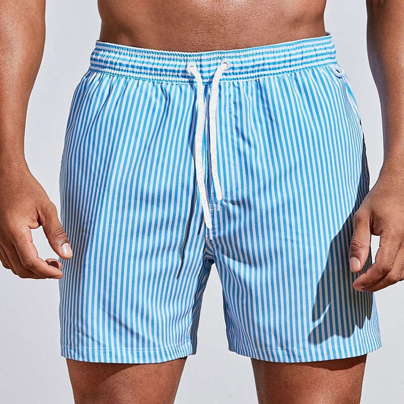 Casual men's striped swim trunks with adjustable drawstring waist.