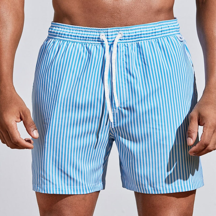 Knee-length men's striped shorts with adjustable drawstring for comfortable summer casual wear.