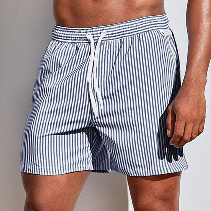 Men's comfortable striped shorts with drawstring; great for summer, beach, or casual outings.