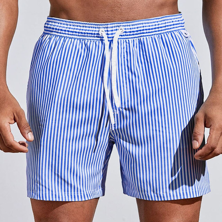 Classic men's knee-length striped shorts. Features a drawstring waist for swimwear or casual use.