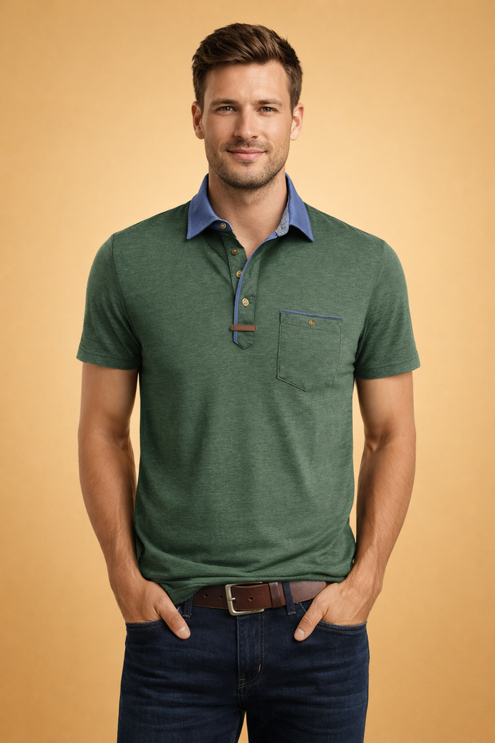 Modern men's collared polo shirt with a chest pocket, offering a smart casual style for everyday sophisticated wear.