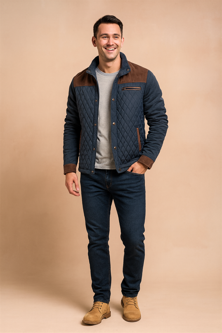 Men's stylish two-tone quilted jacket for fall/winter. Modern design, versatile casual & outdoor wear.