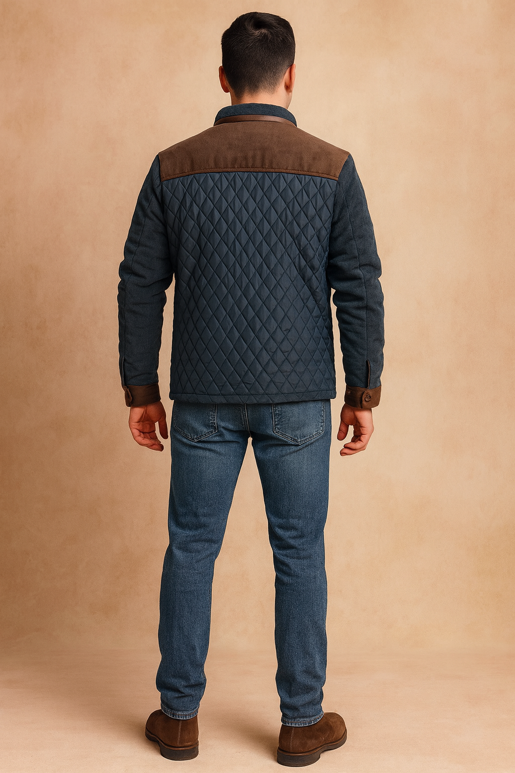 Modern men's two-tone quilted jacket with button-front closure. Ideal for stylish everyday or fall outdoor fashion.