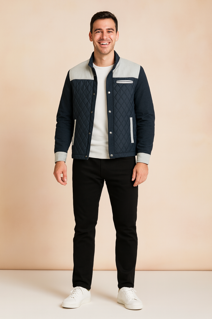 Versatile men's two-tone quilted jacket, perfect winter outerwear & modern fall fashion. Comfortable & stylish.