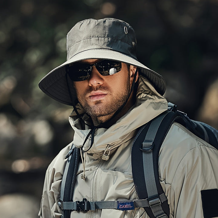 Breathable men's UV protection sun hat, wide brim, ideal for travel, walking & summer beach wear.