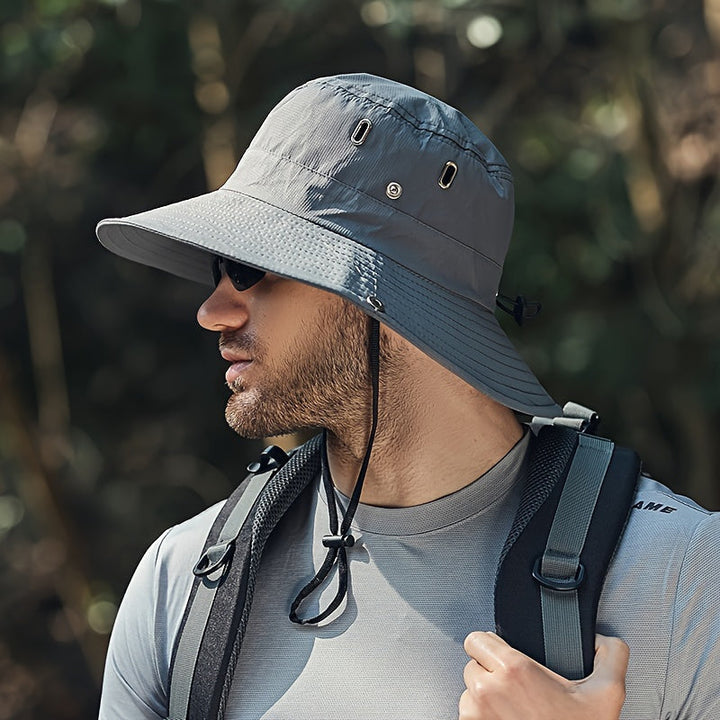 Wide brim men's sun hat offering UPF 50+ UV protection for walking, hiking, and beach adventures.